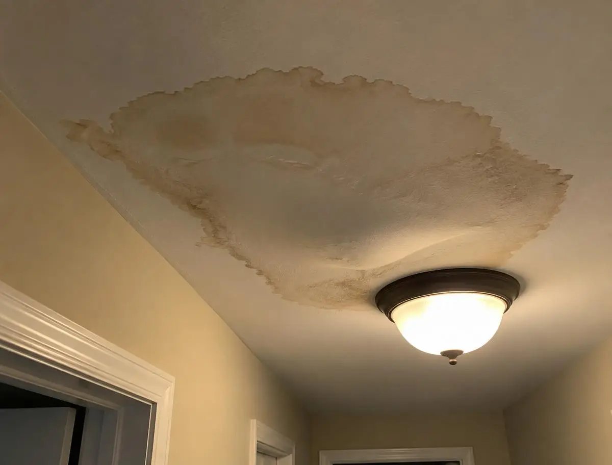 Brown water stain spreading across a hallway ceiling next to a light fixture
